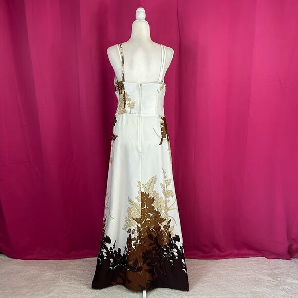 Waltah Clarke Hawaiian Deweese style white and brown floral maxi dress, size 16 - Picture 2 of 9
